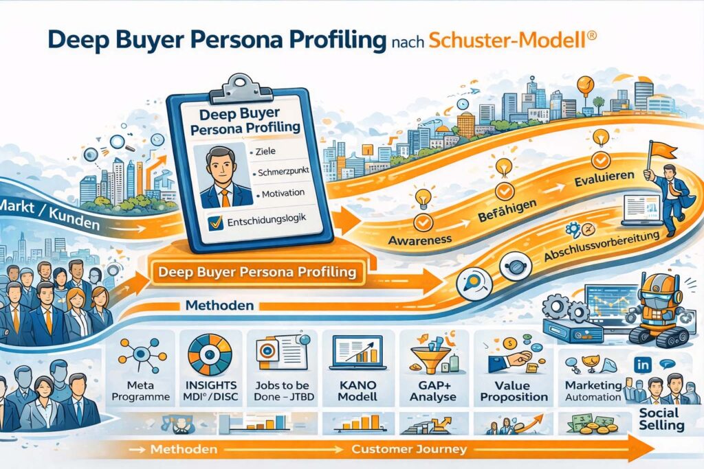 Infografik zum Deep Buyer Persona Profiling nach dem Schuster-Modell® mit Persona Analyse, Methoden wie Meta Programme, INSIGHTS MDI, Jobs to be Done, KANO Modell, CRIB Analyse sowie Customer Journey.