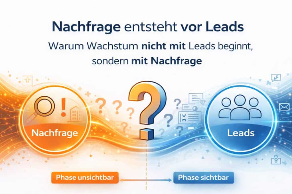 Infografik zur Demand Generation im B2B: Darstellung, dass Nachfrage vor Leads entsteht, mit einer Gegenüberstellung von unsichtbarer Nachfrageentwicklung und sichtbarer Lead-Phase