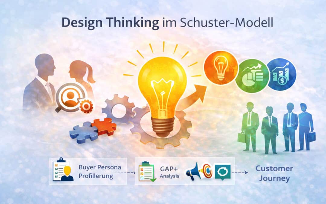 Infografik zu Design Thinking im Schuster-Modell mit Innovation, Buyer Persona Profilierung, GAP+ Analyse und Customer Journey im B2B-Marketing.