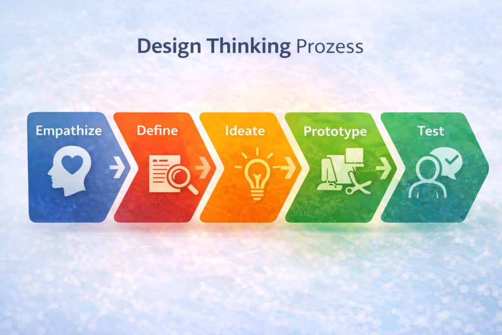 Infografik zum Design Thinking Prozess mit den fünf Phasen Empathize, Define, Ideate, Prototype und Test.