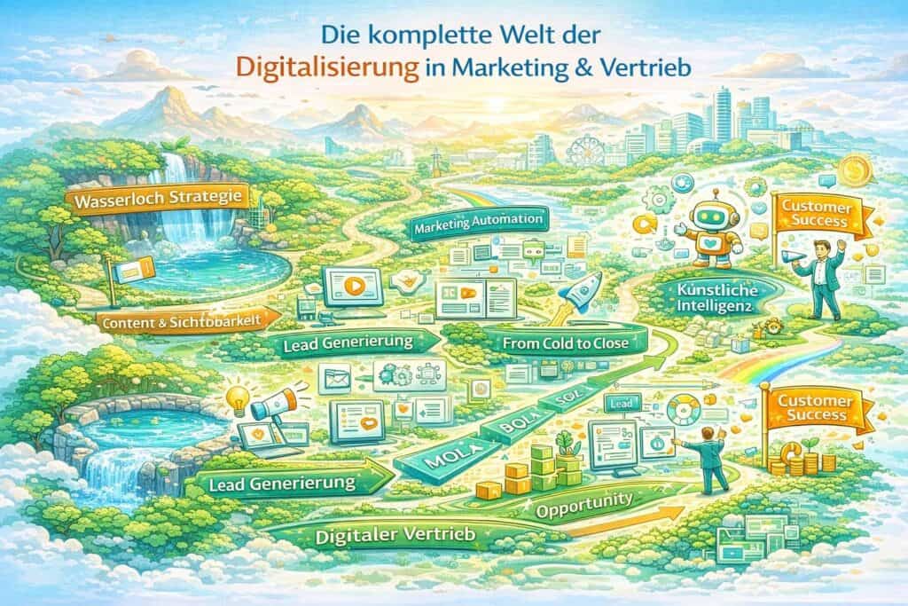 Infografik zur Digitalisierung in Marketing und Vertrieb mit Wasserloch-Strategie, Marketing Automation, Leadgenerierung, digitalem Vertrieb und Customer Success.