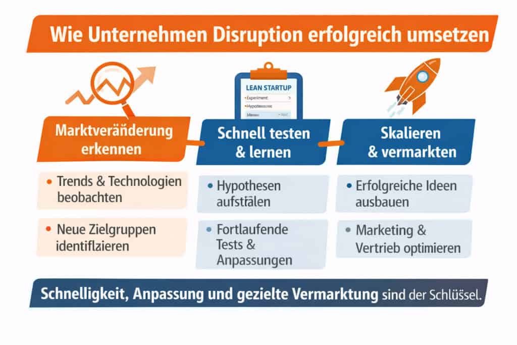 Infografik zeigt, wie Unternehmen Disruption erfolgreich umsetzen durch Marktanalyse, Tests und skalierte Vermarktung.