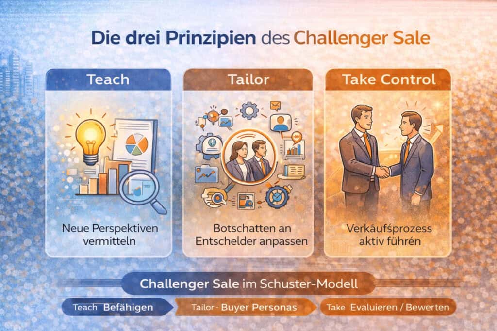 Infografik zu den drei Prinzipien des Challenger Sale im B2B-Vertrieb: Teach (neue Perspektiven vermitteln), Tailor (Botschaften an Entscheider anpassen) und Take Control (den Verkaufsprozess aktiv führen). Die Grafik zeigt außerdem die Verbindung zum Schuster-Modell der B2B-Vermarktung.