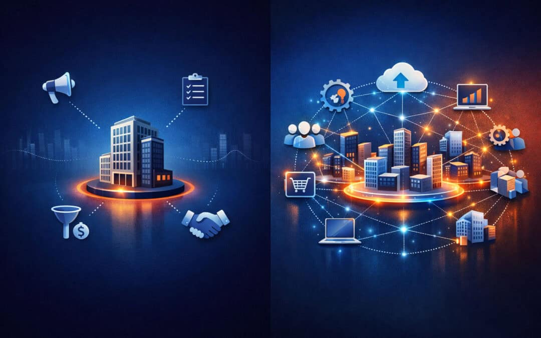 Infografik zeigt Unterschied zwischen isoliertem Unternehmen und Ecosystem Strategy im B2B. Visualisierung von Ecosystem Strategy im B2B mit vernetzten Partnern, Plattformen und integrierten Systemen entlang der Customer Journey