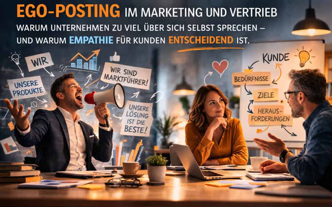 Illustration zum Thema Ego-Posting im Marketing und Vertrieb: Links ein Unternehmen, das lautstark über sich selbst spricht („Wir sind Marktführer“), rechts eine kundenzentrierte Kommunikation, die Bedürfnisse, Ziele und Herausforderungen von Kunden in den Mittelpunkt stellt.