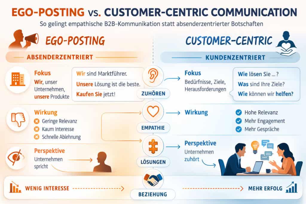 Vergleich zwischen Ego-Posting und kundenzentrierter Kommunikation im B2B-Marketing.