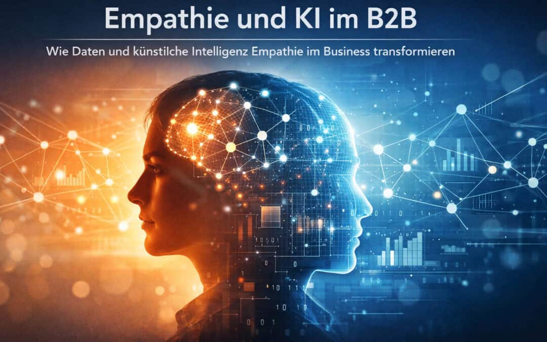 Headergrafik zeigt die Verbindung von Empathie und KI im B2B durch Kombination von menschlichem Denken und datenbasierter Analyse zur Unterstützung von Kaufentscheidungen
