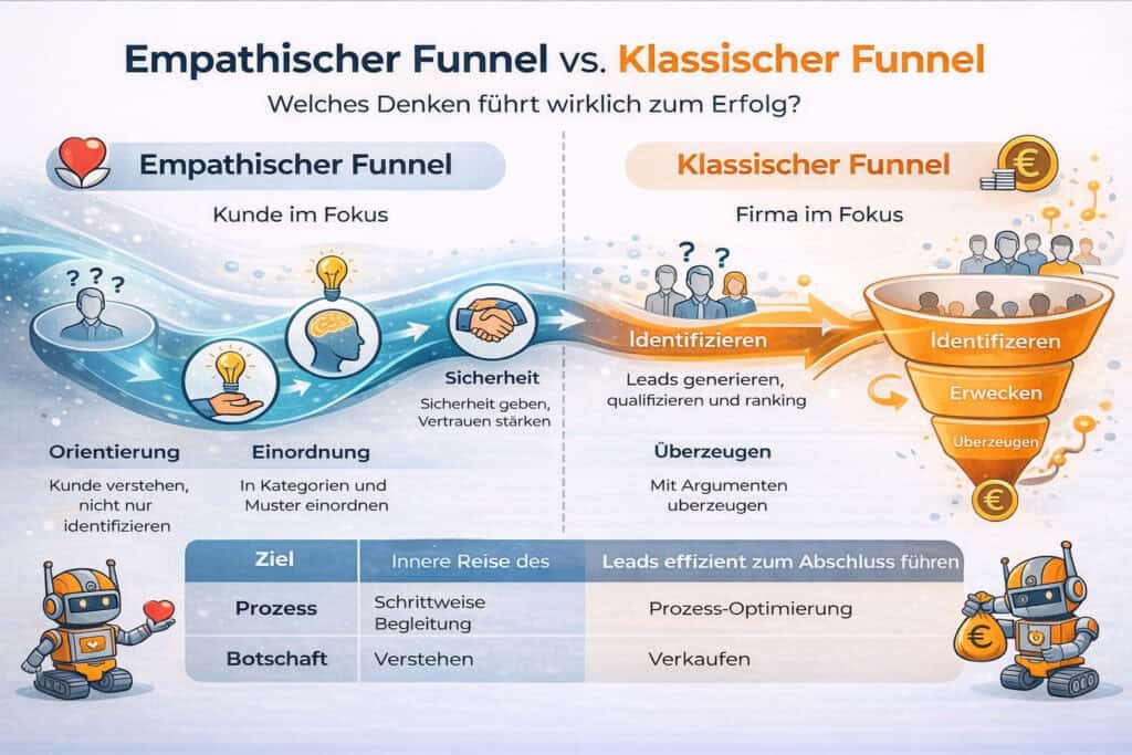 Vergleich zwischen empathischem Funnel und klassischem Funnel im B2B zeigt Unterschiede in Kundenfokus, Entscheidungsprozess und Vertriebslogik