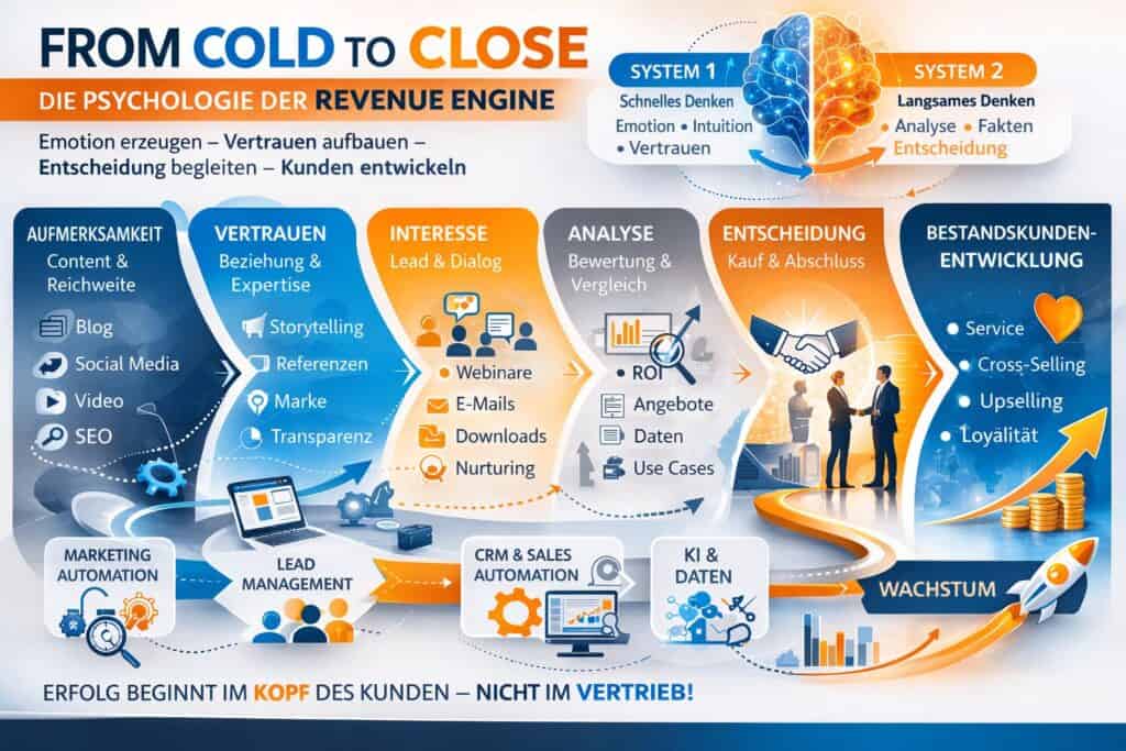 Infografik zur B2B Revenue Engine von Aufmerksamkeit über Vertrauen, Interesse und Analyse bis zur Kaufentscheidung und Bestandskundenentwicklung mit System 1 und System 2.