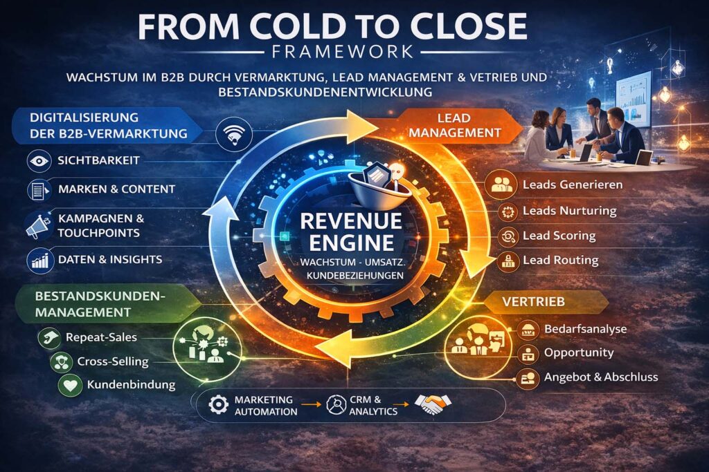 From Cold to Close Framework für modernen B2B-Vertrieb mit Digitalisierung der Vermarktung, Lead Management, Vertrieb und Bestandskundenmanagement.