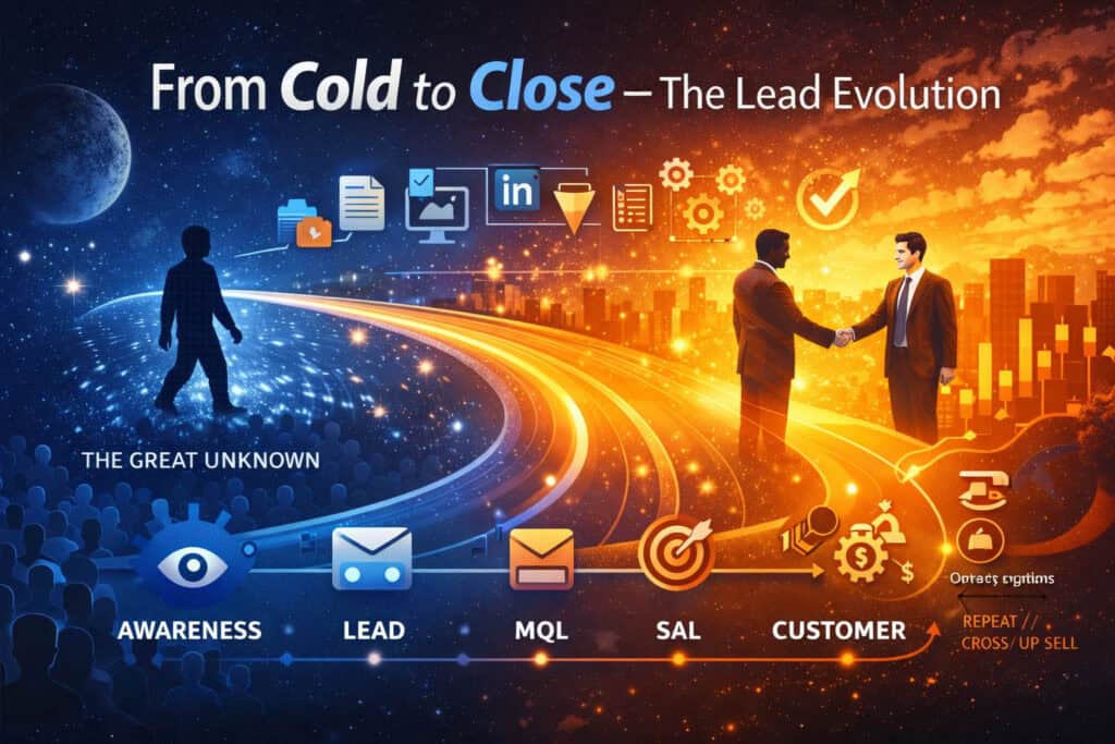 From Cold to Close Framework: Entwicklung eines potenziellen Kunden vom anonymen Interessenten über Lead, MQL und SQL bis zum Kunden im modernen B2B-Marketing und Vertrieb.