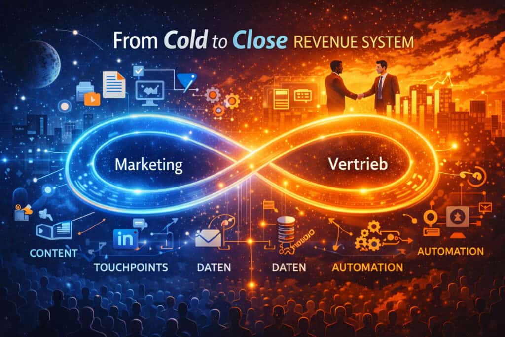 From Cold to Close Revenue System: Visualisierung der Zusammenarbeit von Marketing und Vertrieb im modernen B2B-Marketing mit Content, Touchpoints, Daten und Marketing Automation.