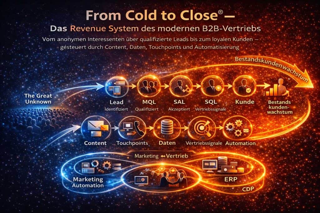 Infografik des From-Cold-to-Close Revenue Systems: Entwicklung vom anonymen Interessenten (The Great Unknown) über Lead, MQL, SAL und SQL bis zum Kunden und Bestandskundenwachstum, gesteuert durch Content, Touchpoints, Daten, Vertriebssignale und Marketing Automation.