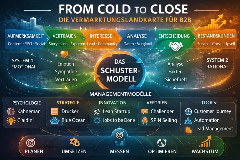 Infografik zur B2B-Vermarktungsstrategie „From Cold to Close“. Die Grafik zeigt die Customer Journey von Aufmerksamkeit über Vertrauen, Interesse und Analyse bis zur Kaufentscheidung und Bestandskundenentwicklung im Schuster-Modell.