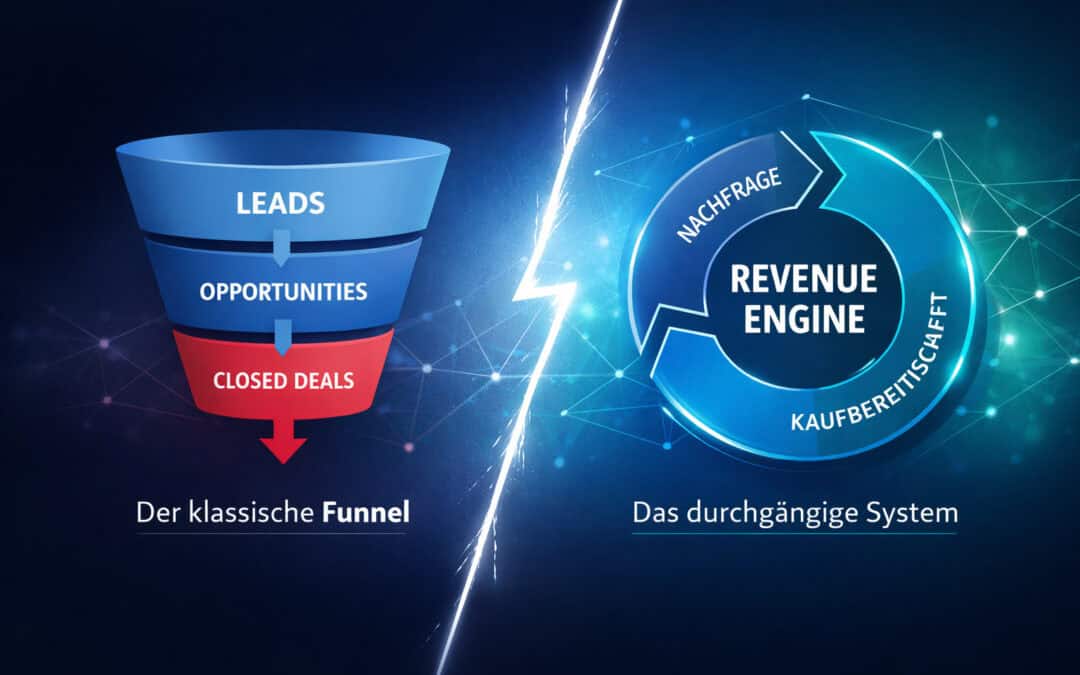 Visualisierung des Unterschieds zwischen klassischem B2B-Funnel und einem integrierten System (Revenue Engine) zur Steuerung von planbarem Wachstum