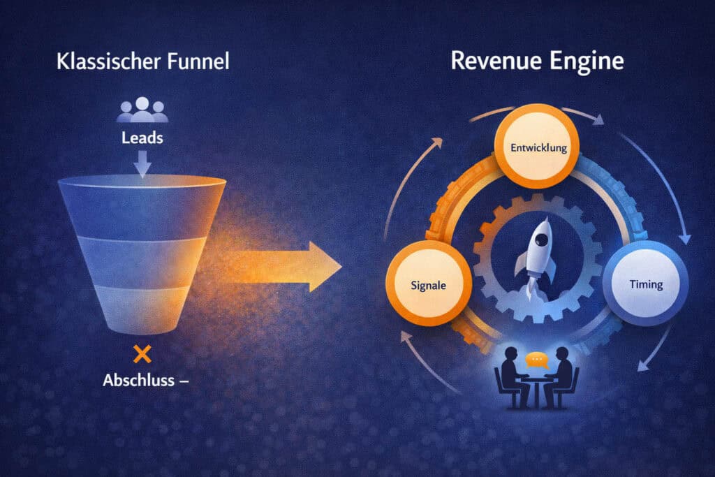 Visualisierung des Unterschieds zwischen klassischem Funnel und Revenue Engine im B2B: Der Funnel endet linear, während die Revenue Engine Entwicklung, Signale und Timing in einem System verbindet
