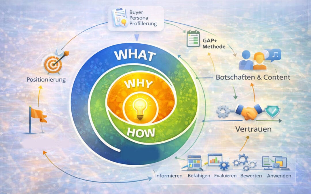 Infografik zum Golden Circle von Simon Sinek mit den drei Ebenen Why, How und What und deren Verbindung zum Schuster-Modell der B2B-Vermarktung. Die Grafik zeigt, wie Positionierung, Buyer-Persona-Profilierung, GAP+ Methode, Botschaften, Vertrauen und Customer Journey zusammenwirken.