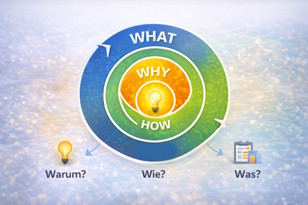Infografik zum Golden Circle von Simon Sinek mit den drei Ebenen Why, How und What. Die Grafik erklärt das Modell und zeigt, wie Unternehmen ihre Kommunikation und Positionierung vom Zweck über die Umsetzung bis zum Angebot strukturieren.