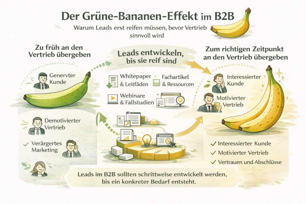 Infografik zum Grünen-Bananen-Effekt im B2B: Warum Leads erst durch Lead Nurturing reifen müssen, bevor sie an den Vertrieb übergeben werden