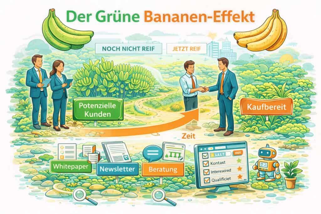 Infografik zum Grünen Bananen Effekt im B2B-Marketing: potenzielle Kunden sind zunächst noch nicht kaufbereit und werden durch Content, Nurturing und Beratung bis zur Vertriebsreife entwickelt.