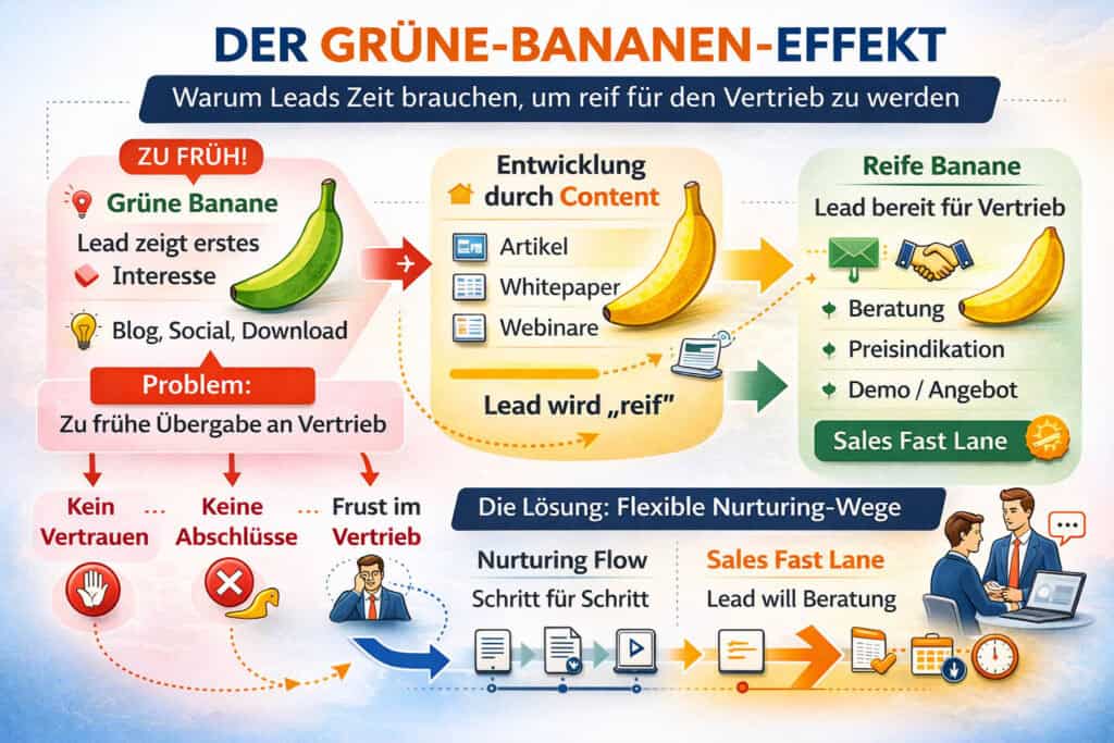 Infografik zum Grüne-Bananen-Effekt im B2B-Marketing: Leads entwickeln sich von erstem Interesse über Content-Nurturing zu vertriebsreifen Kontakten.