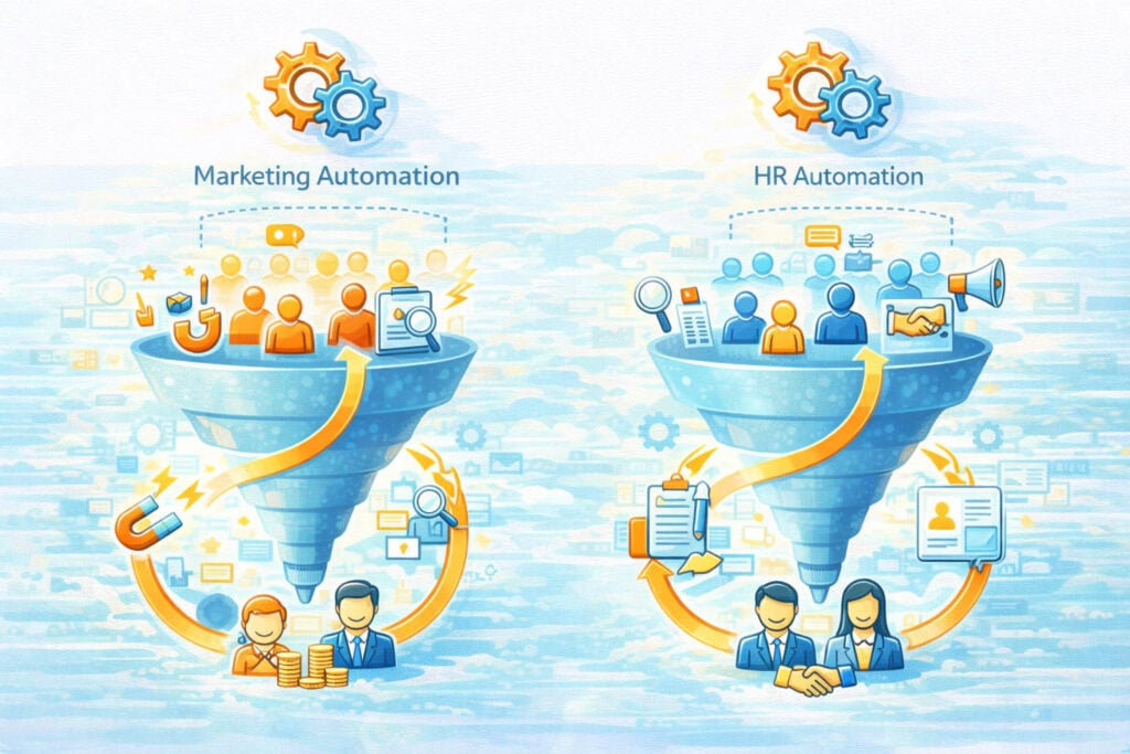 Infografik: Vergleich von Marketing Automation und HR Automation – vom Lead zum Kunden und vom Bewerber zum Mitarbeiter.