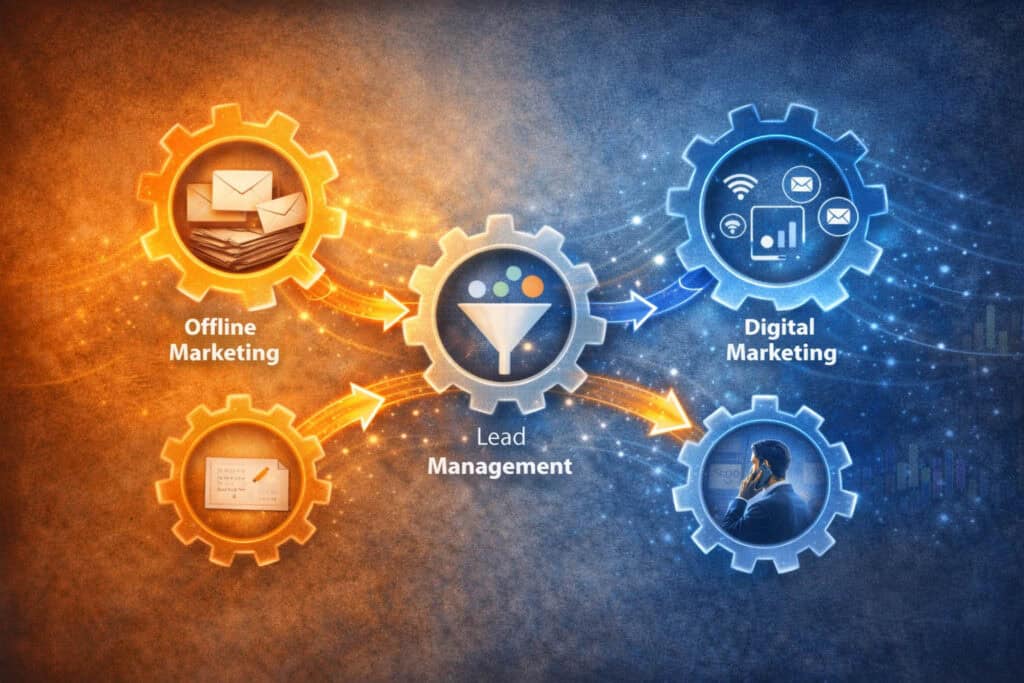 Hybrid B2B Marketing Engine: Offline Marketing und Digital Marketing erzeugen Nachfrage, die über Lead Management in Vertriebschancen überführt wird