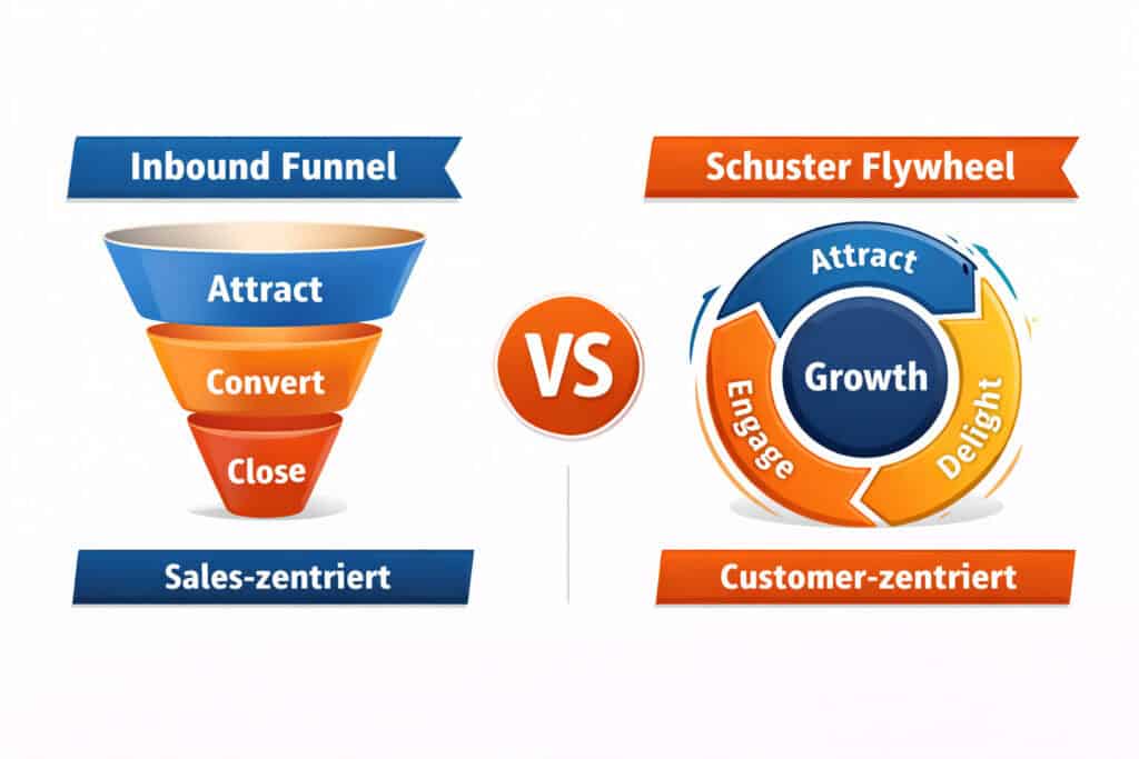 Infografik vergleicht Inbound Funnel mit Schuster Flywheel und zeigt Unterschied zwischen linearem und zyklischem Marketingprozess.