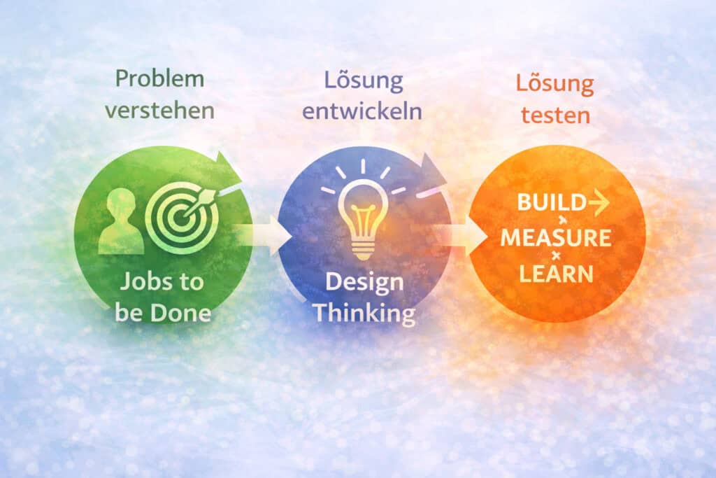 Infografik zum Innovationsprozess mit Jobs to be Done, Design Thinking und Lean Startup Build Measure Learn.