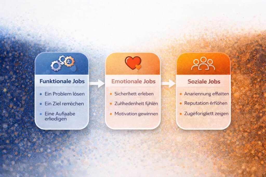 Infografik zum Jobs-to-be-Done-Modell mit funktionalen, emotionalen und sozialen Kundenbedürfnissen im B2B-Marketing.
