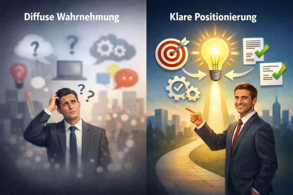 Vergleich zwischen diffuser Wahrnehmung und klarer Positionierung im B2B-Marketing mit Fokus auf Vertrauen und Entscheidungsfindung
