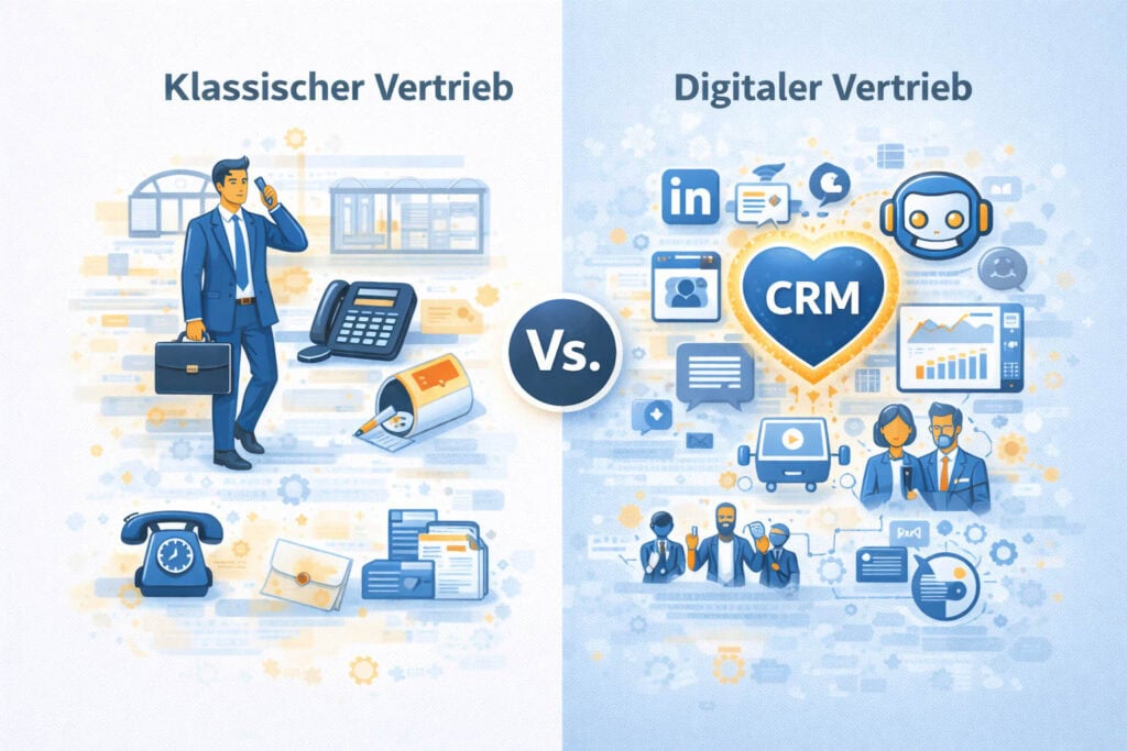 Infografik Vergleich klassischer Vertrieb mit Telefon und Messen versus digitaler Vertrieb mit CRM LinkedIn Datenanalyse und KI