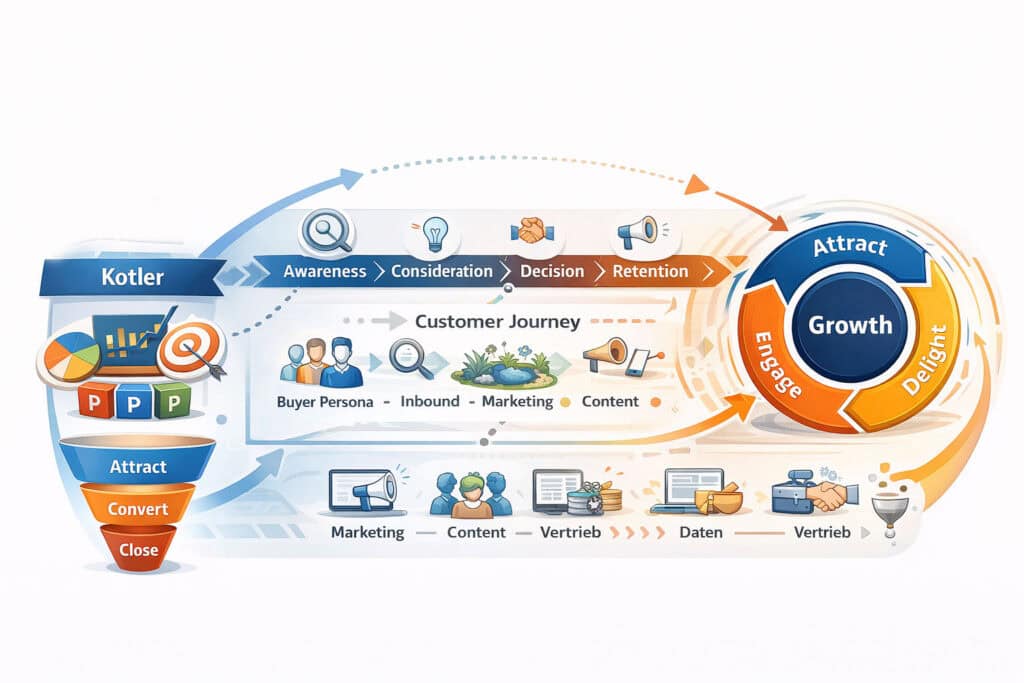 Infografik zeigt Entwicklung von 4P Marketing Mix zur Customer Journey und zum Schuster Flywheel im B2B Marketing.