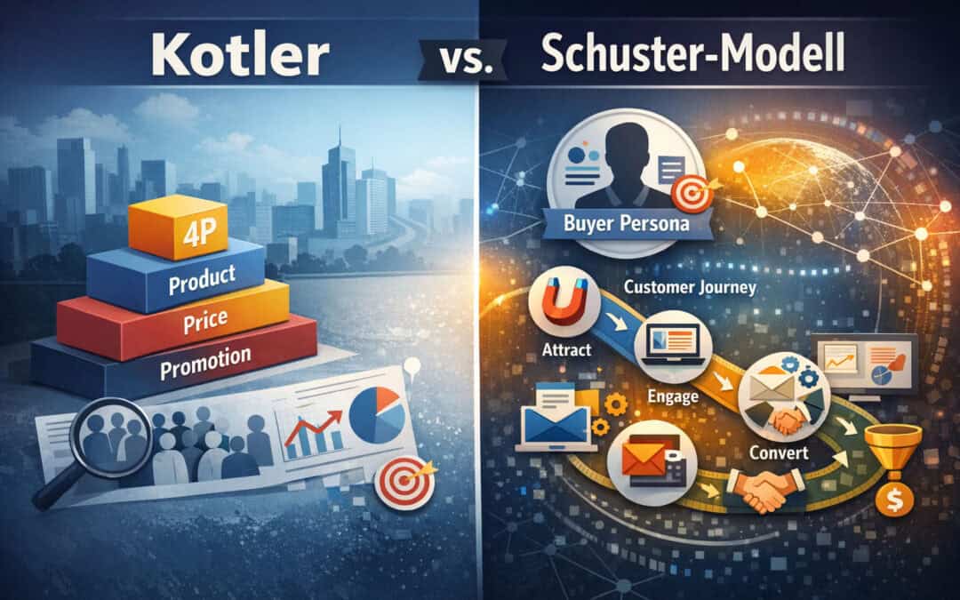 Infografik vergleicht Kotler Marketing Mix mit Schuster-Modell und zeigt moderne B2B Vermarktung mit Buyer Persona und Customer Journey.