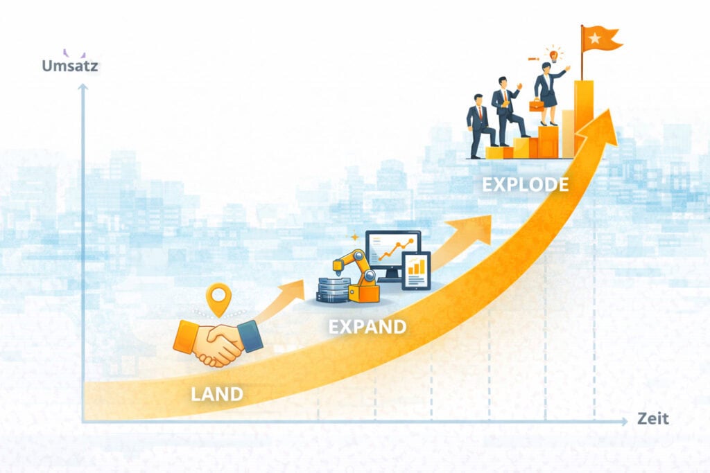 Land Expand Explode Strategie im B2B: Wachstumskurve von Einstieg beim Kunden über Expansion bis zur strategischen Partnerschaft