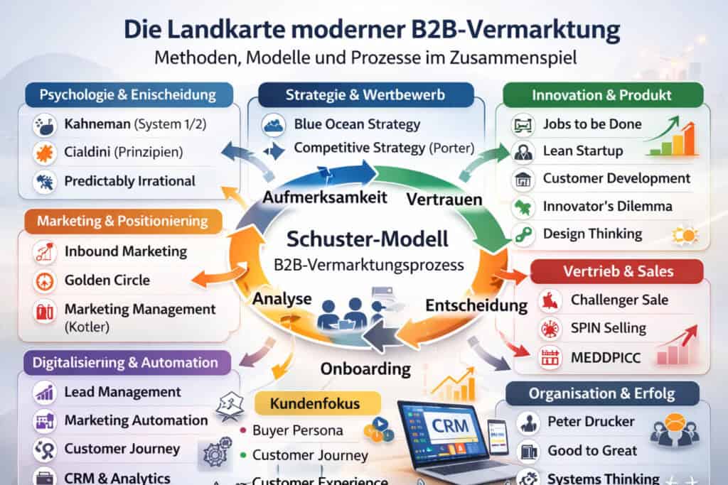Landkarte moderner B2B Vermarktung mit Schuster Modell und bekannten Managementmodellen wie Kahneman, Cialdini, Blue Ocean Strategy, Lean Startup, Inbound Marketing, Challenger Sale, SPIN Selling und MEDDPICC
