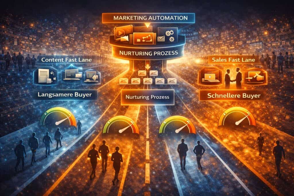 Visualisierung der Kaufgeschwindigkeit von Leads im Lead-Nurturing-Prozess mit Content Fast Lane und Sales Fast Lane im B2B Marketing und Vertrieb.