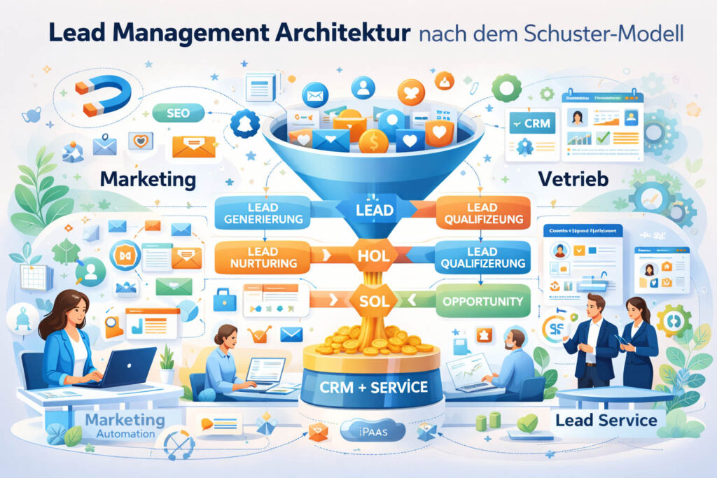 Lead Management Architektur nach dem Schuster-Modell im B2B – Prozess von Leadgenerierung über Nurturing und Qualifizierung bis zur Opportunity im Vertrieb und CRM