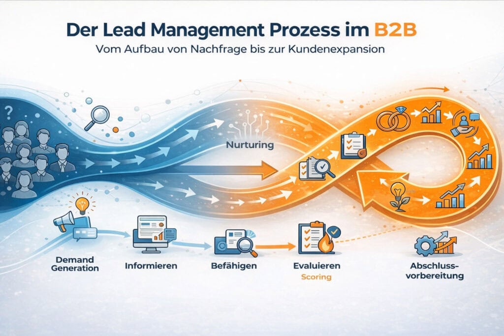 Lead Management Prozess im B2B von Demand Generation über Nurturing und Scoring bis zur Abschlussvorbereitung im From Cold to Close Modell