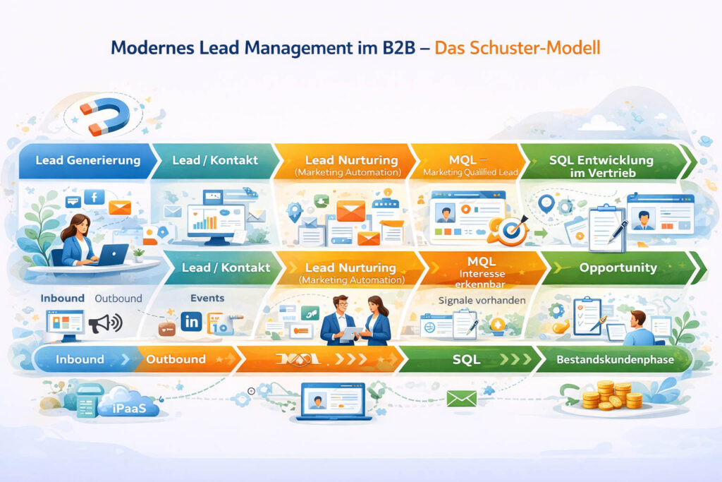 Lead Management Prozess im B2B nach dem Schuster-Modell von Leadgenerierung über Lead Nurturing und MQL bis zur SQL-Entwicklung im Vertrieb und Opportunity