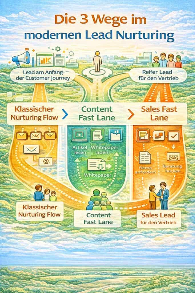 Framework moderner Lead-Nurturing-Prozesse mit klassischem Nurturing Flow, Content Fast Lane und Sales Fast Lane in einer Marketing-Automation-Strategie.