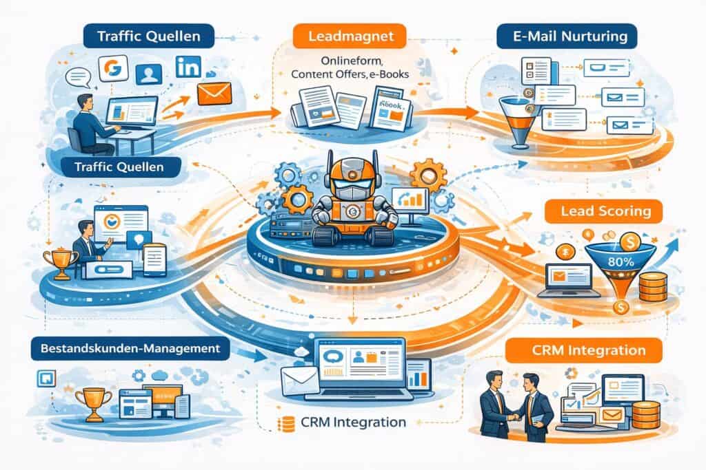 Infografik zum Lead-Nurturing-Prozess für IT-Unternehmen mit Traffic-Quellen, Lead Magnet, E-Mail-Nurturing, Lead Scoring, CRM-Integration und Vertrieb.