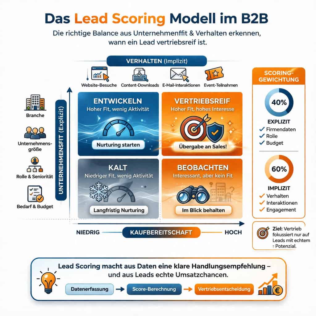 Lead Scoring Modell im B2B mit expliziten Kriterien wie Unternehmensfit und impliziten Kriterien wie Verhalten zur Bewertung der Vertriebsreife