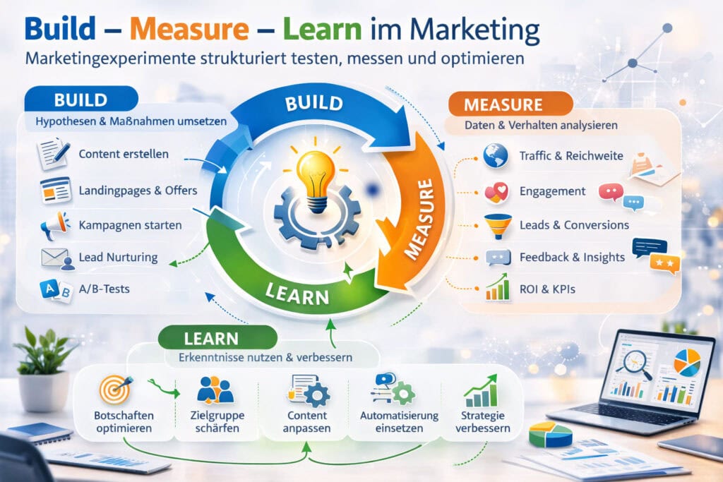 Lean Startup Zyklus mit Marketingexperimenten: Content erstellen, Daten messen und Strategie verbessern.