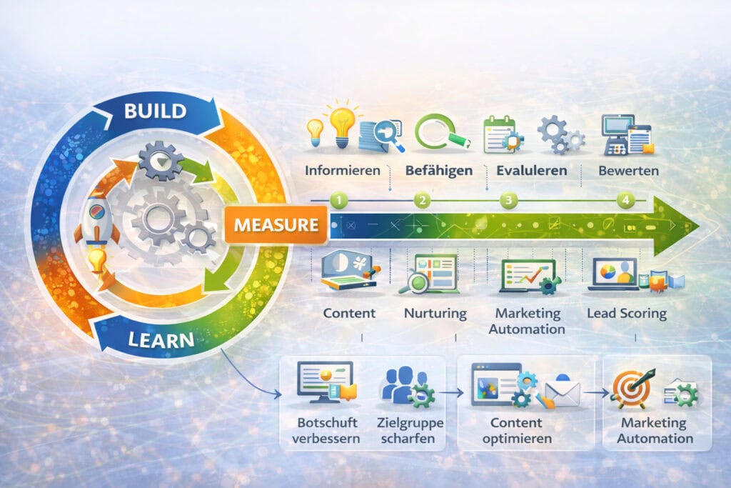 Lean Startup Build-Measure-Learn Zyklus verbunden mit Customer Journey und Marketingprozessen.