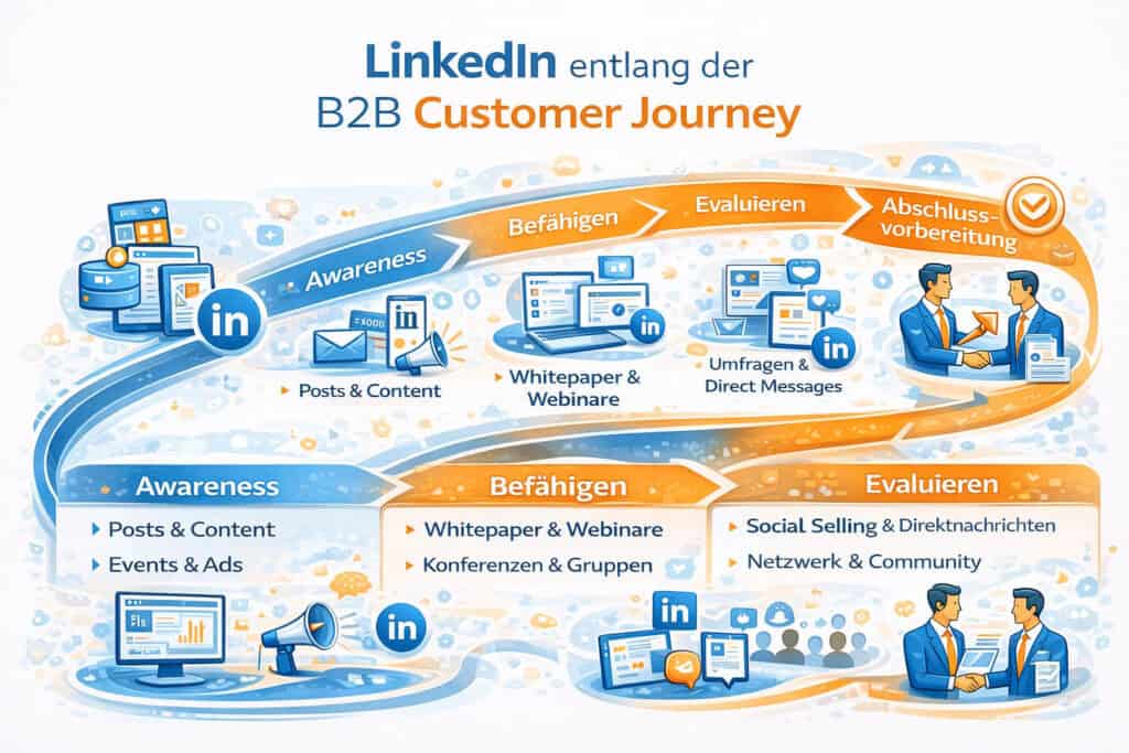 LinkedIn entlang der B2B Customer Journey mit den Phasen Awareness, Befähigen, Evaluieren und Abschlussvorbereitung sowie typischen Touchpoints.