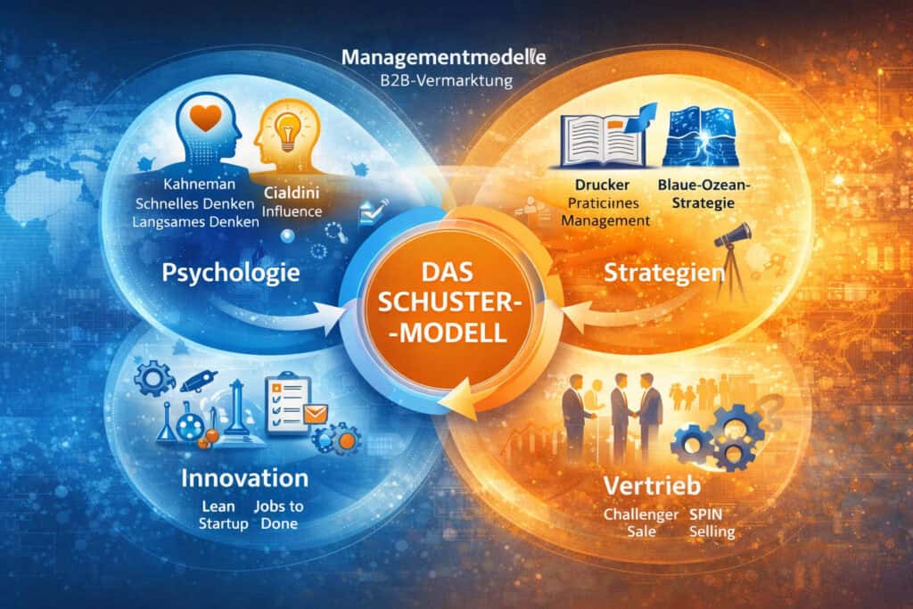 Infografik zu Managementmodellen der B2B-Vermarktung mit dem Schuster-Modell im Zentrum. Die Grafik verbindet Psychologie (Kahneman, Cialdini), Strategie (Drucker, Blue Ocean), Innovation (Lean Startup, Jobs to be Done) und Vertrieb (Challenger Sale, SPIN Selling).