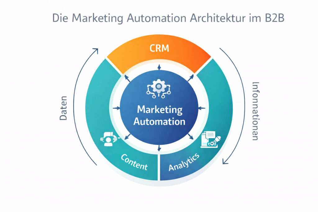 Marketing Automation Architektur im B2B: Integration von CRM, Content und Analytics als Grundlage für datengetriebenes Marketing und Vertrieb.