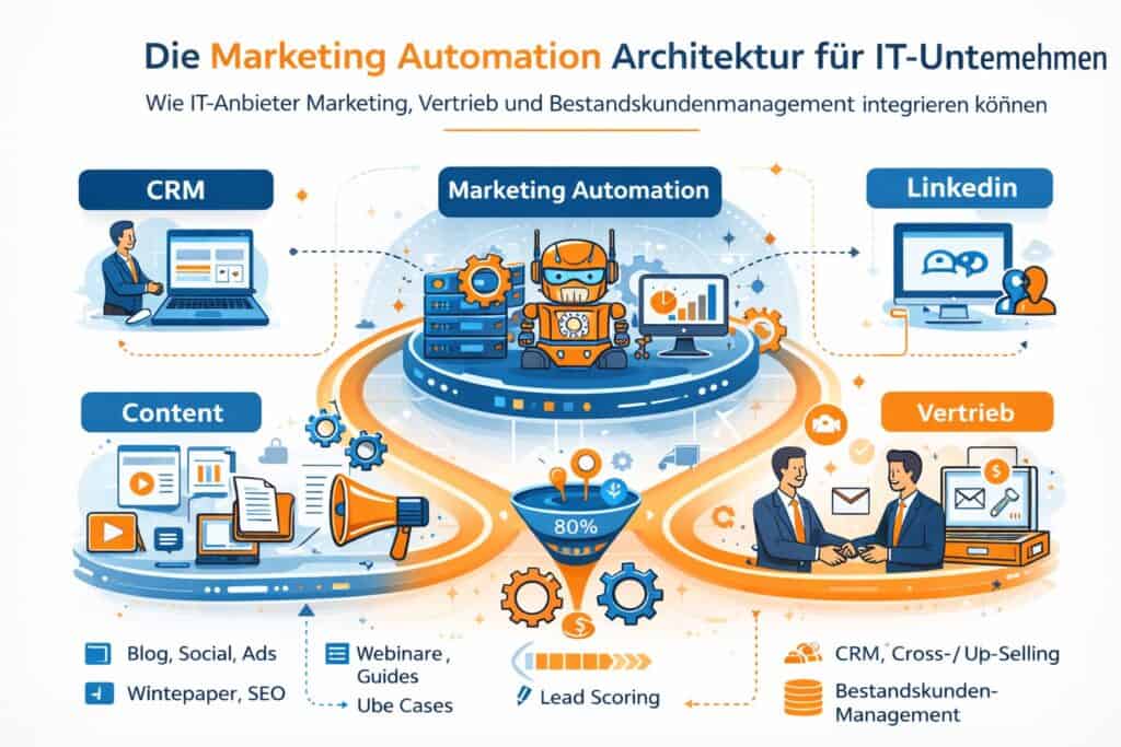 Infografik zur Marketing-Automation-Architektur für IT-Unternehmen mit CRM, Content Marketing, LinkedIn, Lead Scoring und Vertrieb.