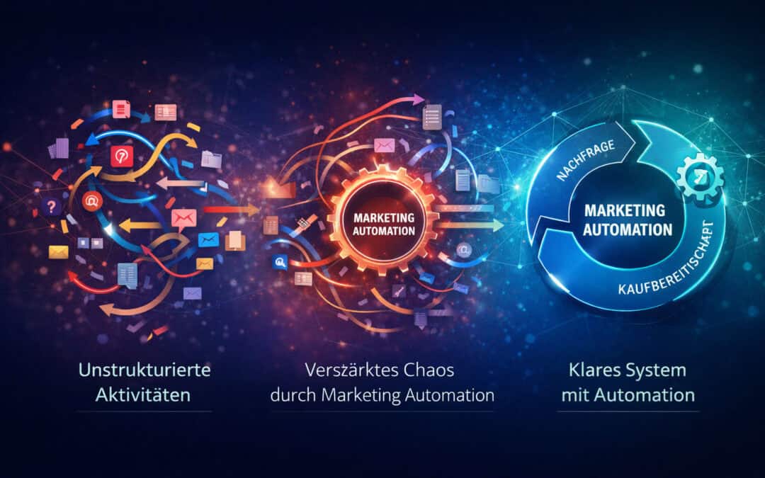 Visualisierung von Marketing Automation im B2B: Unterschied zwischen unstrukturierten Aktivitäten, verstärktem Chaos durch Technologie und einem klaren System für planbares Wachstum